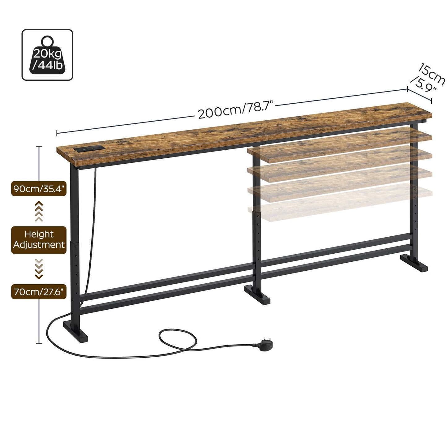 YATINEY 15 cm Slim Console Table, Height-Adjustable Behind Sofa Table, 200 cm Hallway Table, Narrow Long Sofa Table with Power Outlet