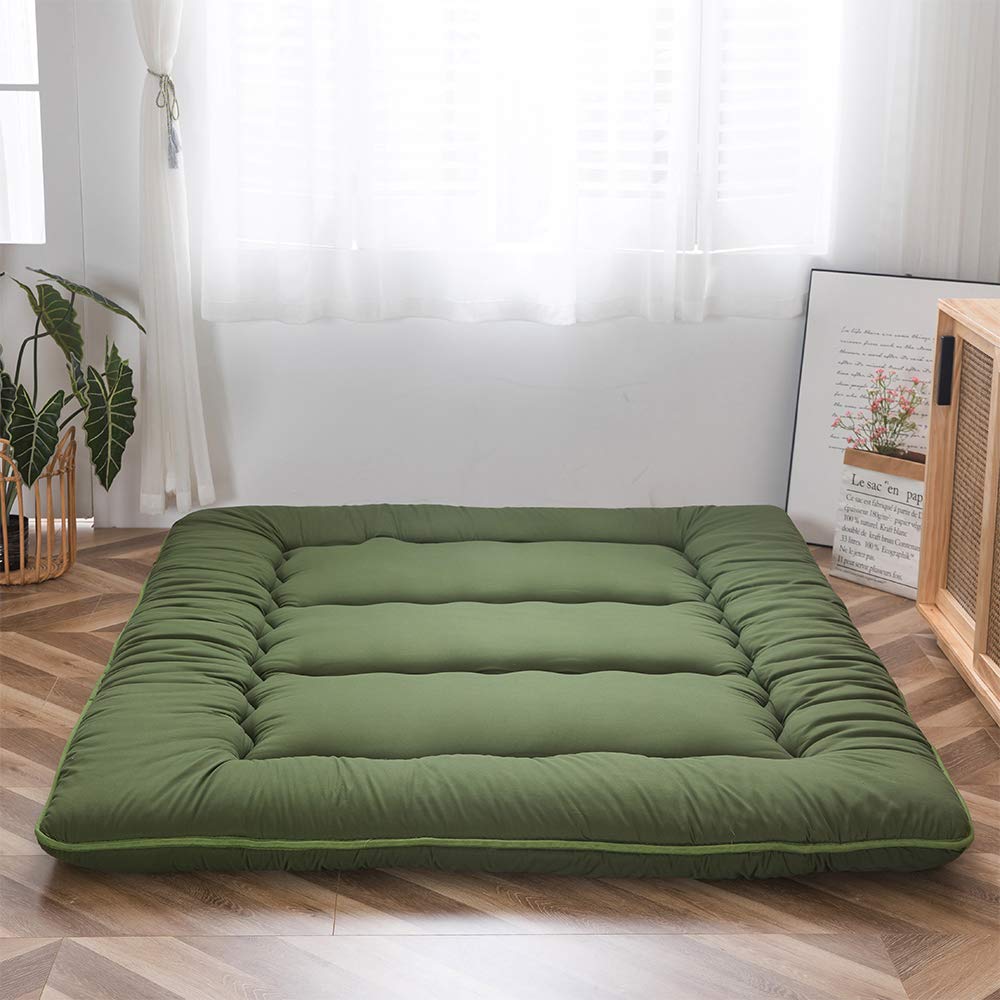 MAXYOYO Japanese Floor Futon Mattress, Thicken Tatami Sleeping Pad Foldable Roll Up Dormitory Mat Pad Floor Lounger Pillow Bed (Green, Double)