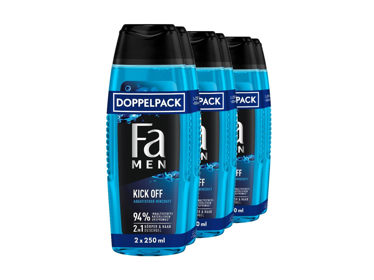 FA Men 2-in-1 Shower Gel Kick Off, Pack of 2 (3 x 2 x 250 ml) 2-in-1 Formula for Hair and Body, Activate Your Senses with the Intense, Masculine-Fresh