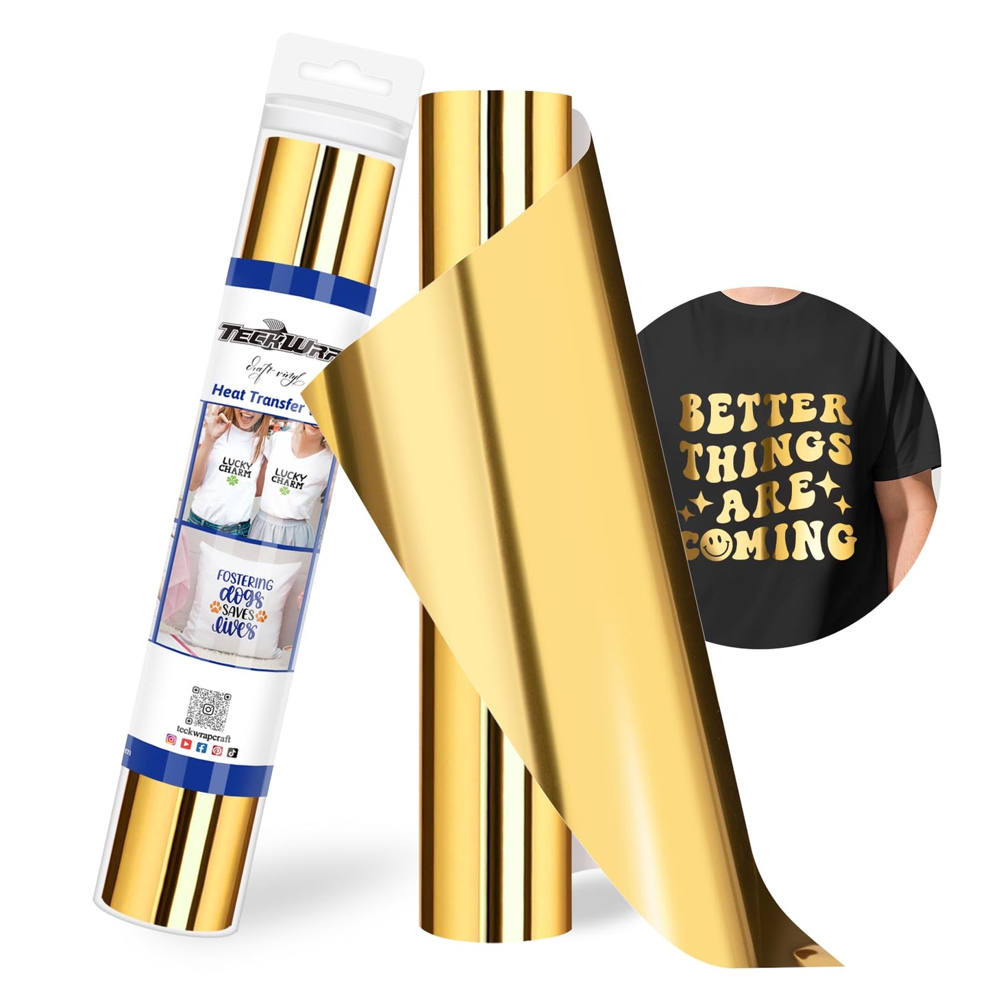 TECKWRAP PU Metallic Heat Transfer Vinyl Roll 12" x 5ft Chrome Gold HTV for DIY Clothing,T-Shirts,Fabric Foil Iron on Vinyl Compatible with Heat Press