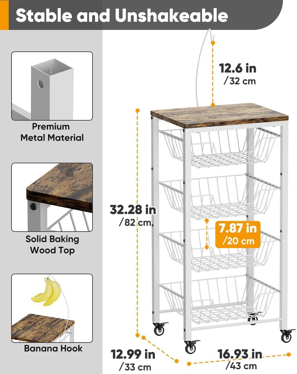 Garbuildman 5-Tier Kitchen Storage Cart with Pull-Out Wire Baskets - Fruit & Vegetable Organiser with Wooden Top & Banana Holder for Pantry