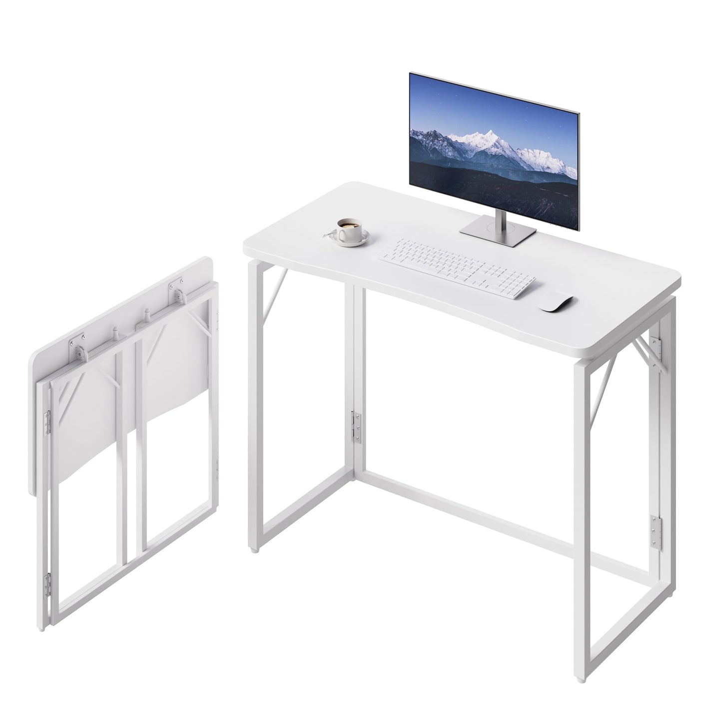 JOYMOOP White Folding Desk - 80 x 40 cm, No Assembly Small Foldable Desk for Home, Office, Wooden Top Folding Computer Desk for Working, Writing