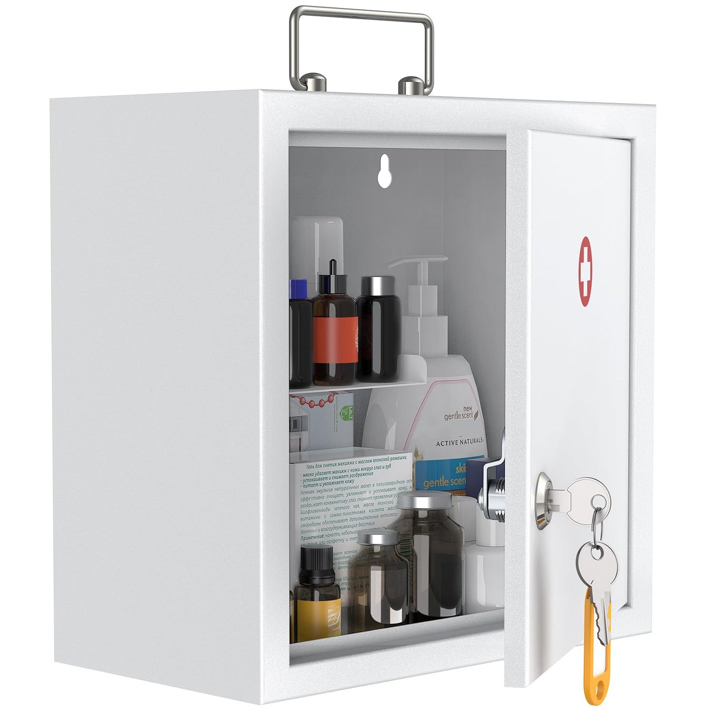 Uniclife Wall Mount Medicine Cabinet with Key Lock & Handle Locking First Aid Lockable Medical Storage Box Medium Medicine Organizer Secure Steel