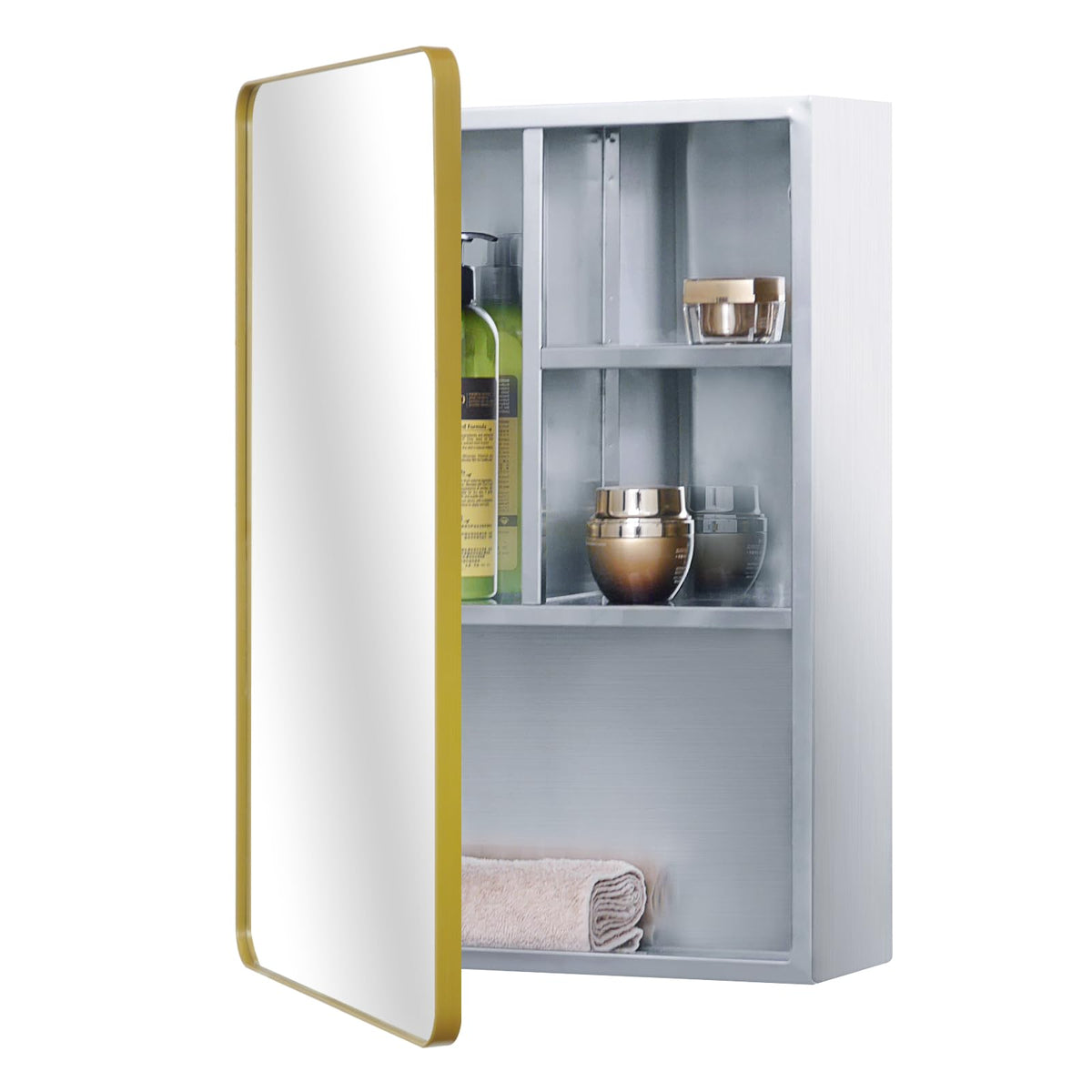 Fundin Stainless Steel Mirror Cabinet for bathroom with Golden Framed Door, multi shelves,37x53 cm (15 x 21 inch)