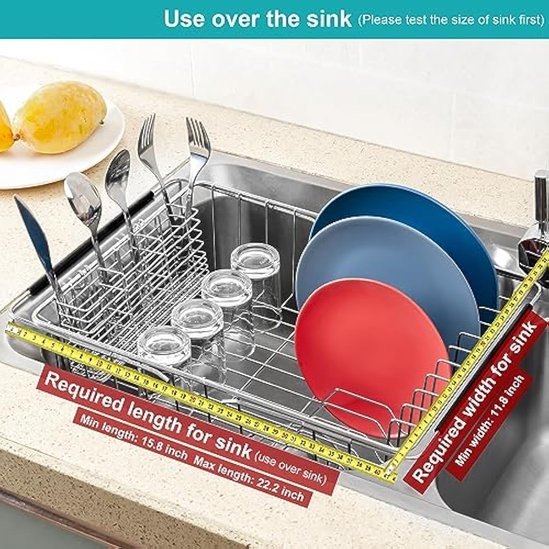 iPEGTOP Dish Sink Drainer, Dish Drying Rack Over Sink, Extendable Dish Drainer with Removable Cutlery Holder, Dish Rack in Sink or On Counter, Plate Rack Drainer for Kitchen