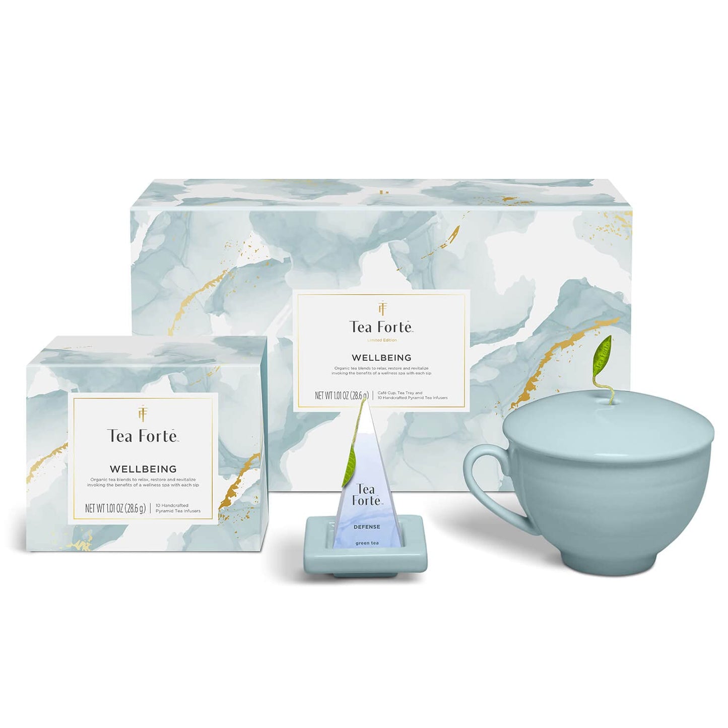 Tea Forte, Soleil Gift Set with Cafe Cup, Tea Tray and 10 Handcrafted Pyramid Tea Infuser Bag (Wellbeing)