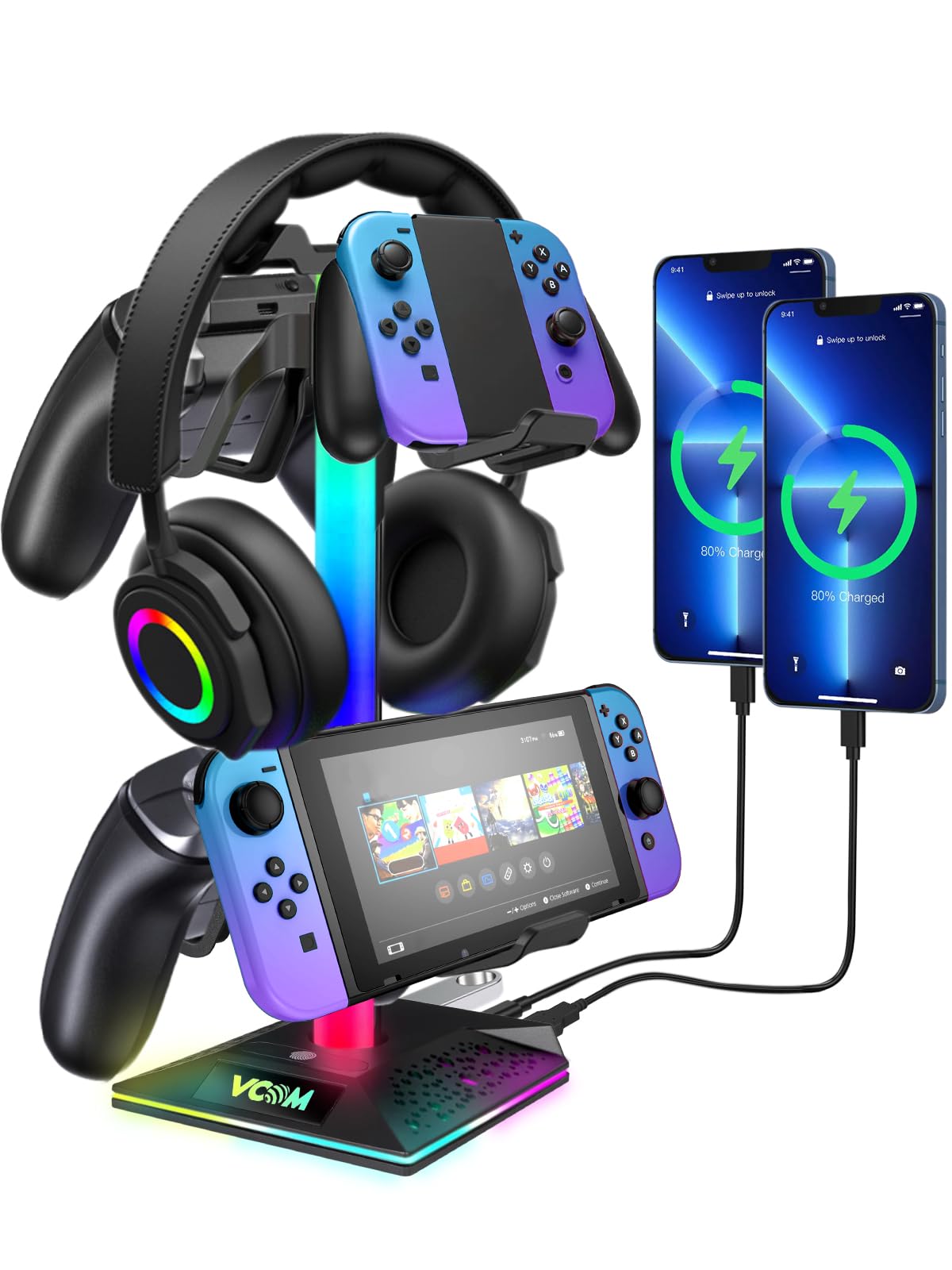 VCOM RGB Headphone Stand, Headphone holder with 2 USB and 1 Type-C Ports-Gaming Headset Stand with 10 Light Modes for Gamer Xbox PS5 Gameing Desk