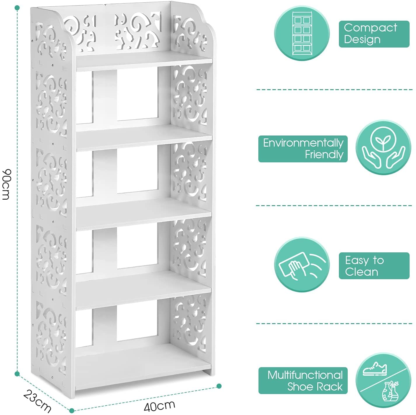 Cocoarm Modern 5-Tier Corner Shoe Rack, White, Floor Standing Cabinet, 40x23x90 cm, for Hallway Entryway Bedroom Living Room