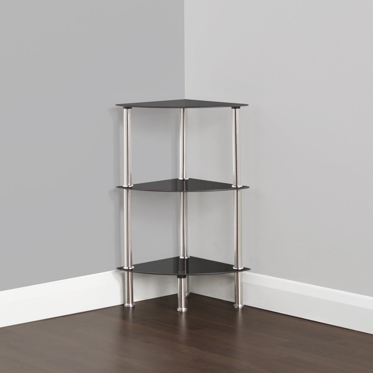 MAHARA 3 Tier Chrome Effect Black Corner Glass Shelving Unit - Tempered Safety Glass Shelves Max 5kg - Storage Unit W41cm x D30cm x H61.5cm