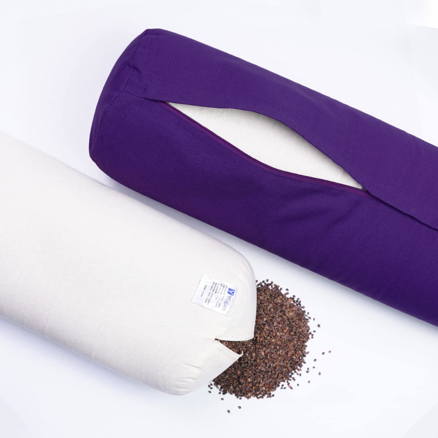 Yogan Yoga Bolster with a Yoga Belt/Strap | Natural Buckwheat Hulls Filling | Outer Cover (Could be Removed and Washed) - Made of 100% Organic Cotton