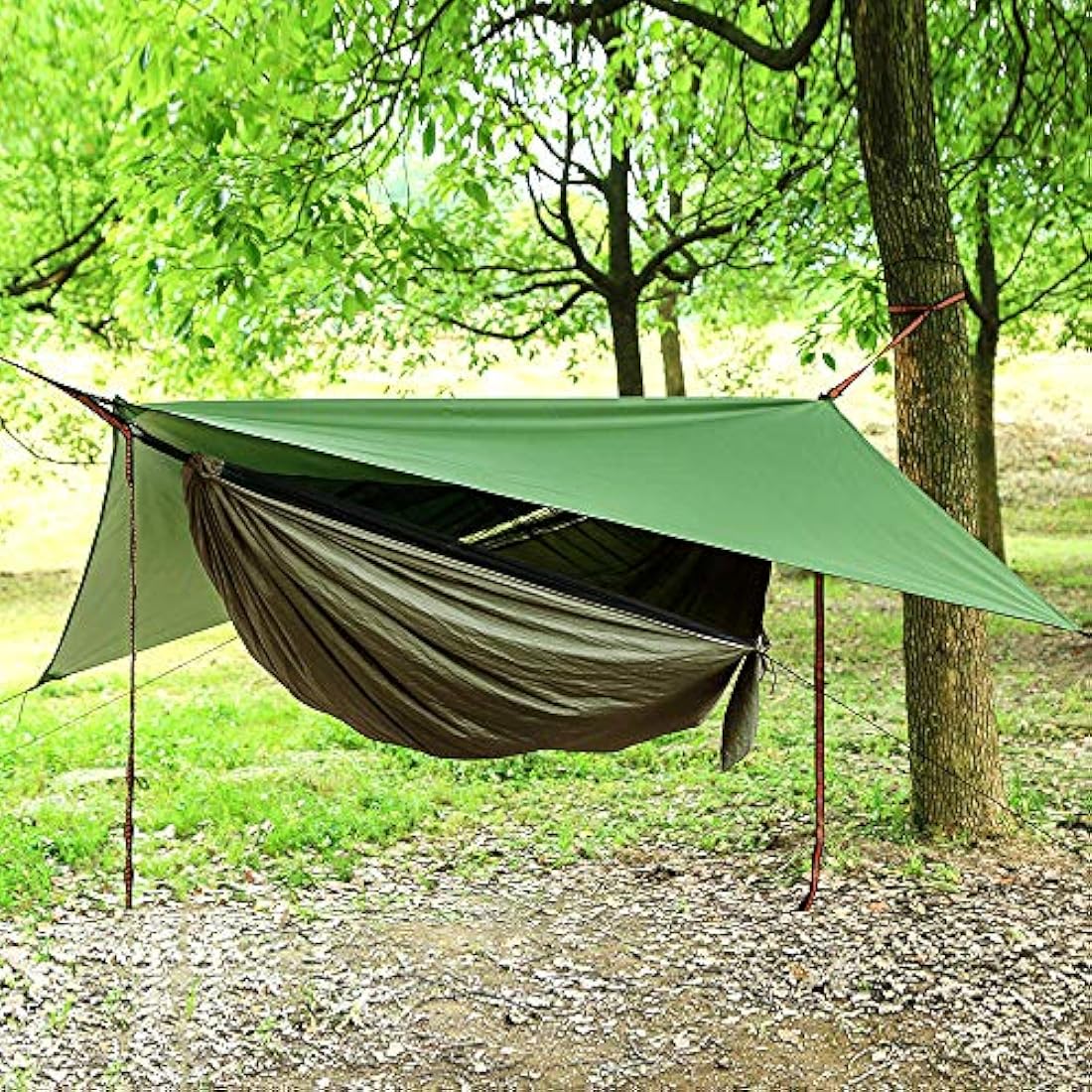Portable Camping Hammock Set,Single Double Hammock,Mosquito net,rain Shade Tent,high Strength Parachute Fabric Hanging Bed. Suitable for Outdoor,Hiking,Camping, Travel Army Green