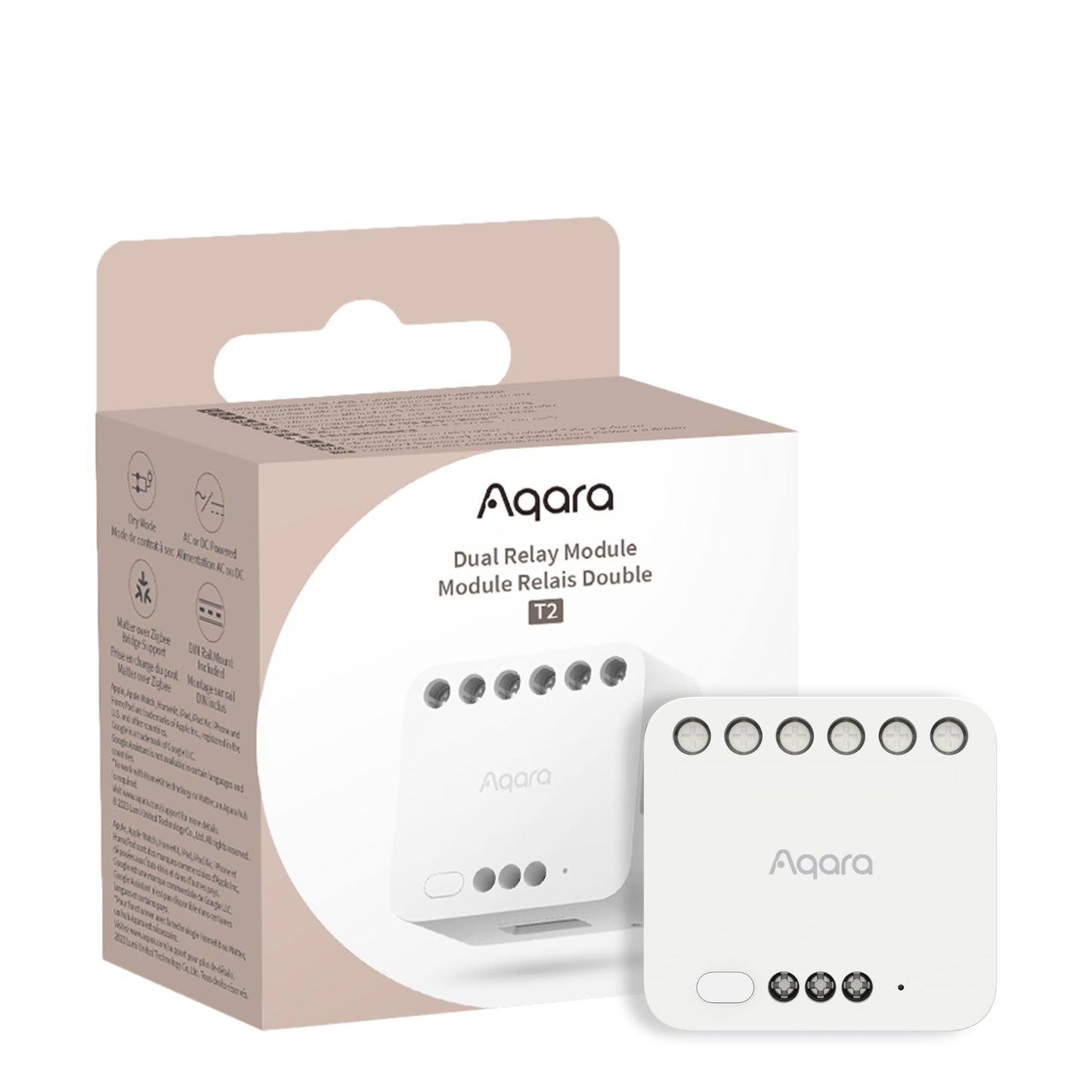 Aqara Dual Relay Module T2,Matter over Bridge, Requires Aqara Zigbee 3.0 HUB, Dry Contact Mode for Garage Doors and Boilers, Roller Shade Switch &