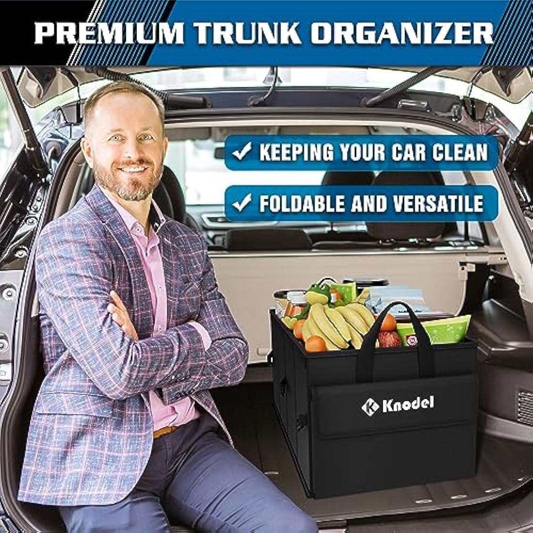 K KNODEL Car Boot Organiser with Foldable Cover, Car Storage Box and Bag, Large Boot Tidy, Car Organiser for Vehicle and Suv (Medium, Black)