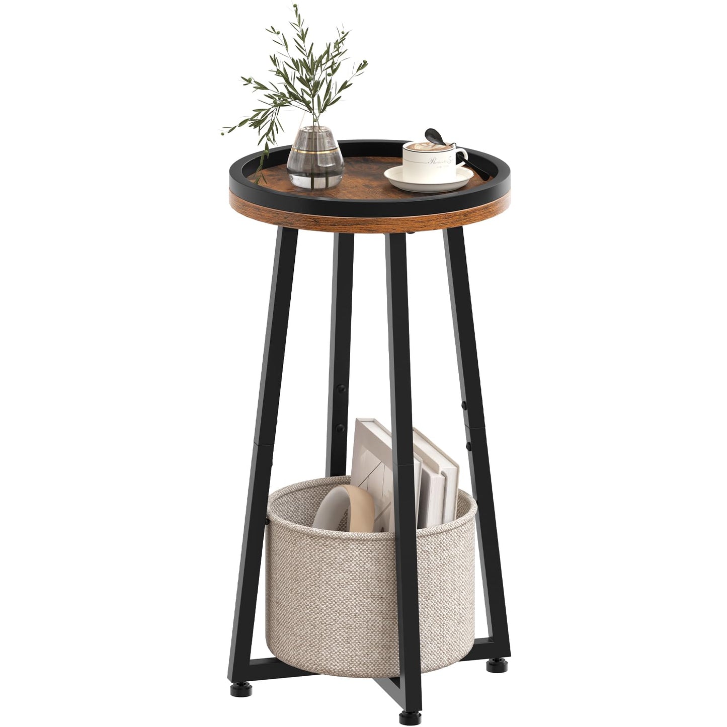 HOOBRO Round Side Table, 2 Tier Bedside Table with Storage Basket, Round Small Table Accent Corner Table Compact Sofa Table for Small Spaces