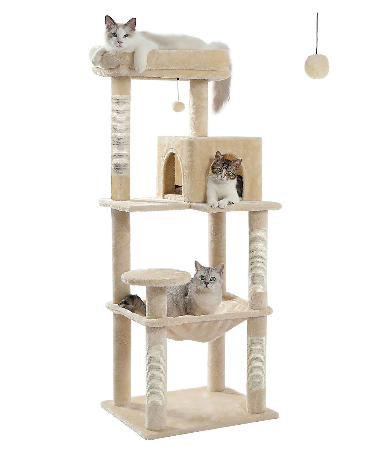 PAWZ Road Cat Tree 143cm, Big Cat Tower 56.3 Inches with Hammock and Lovely House, Activity Center Stable and Sturdy Size L Beige