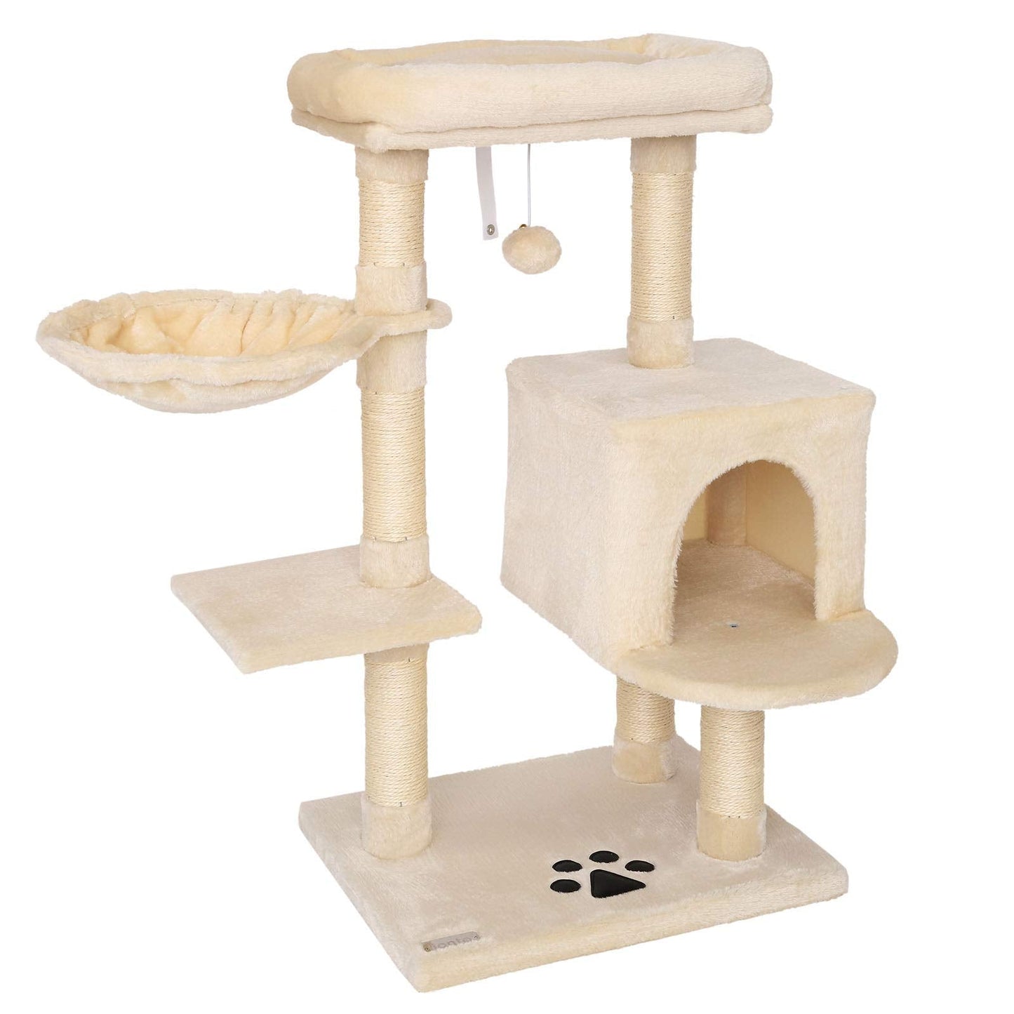 lionto Cat Scratching Post with Plush Ball Including Bell & Wall Bracket, Height 93 cm, Cat Tree with Sisal & Plush, Cosy Lying Surface & Caves,