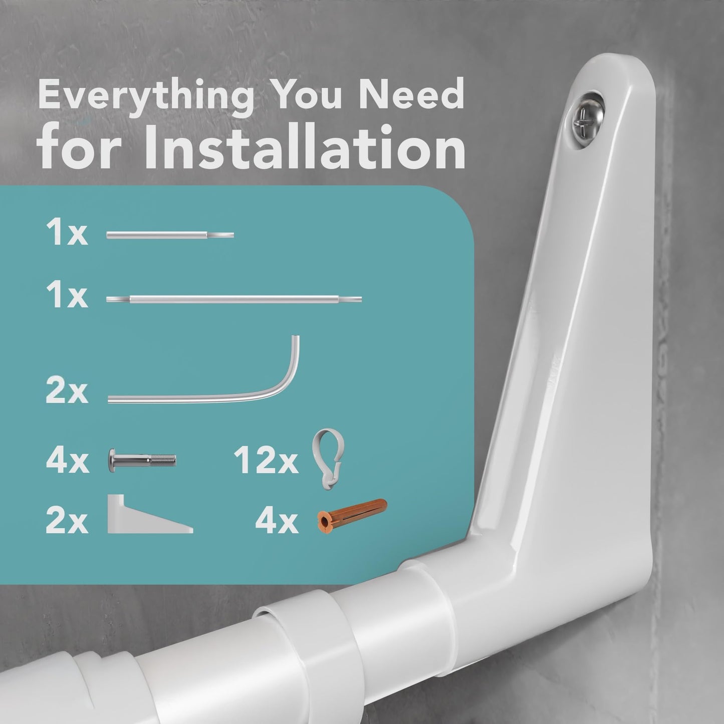 U-Shaped Shower Curtain Rod, 70 x 165 x 70 cm, Wall Mounted, Corner Shower Rod, No Ceiling Bracket, Powder-coated Steel, White
