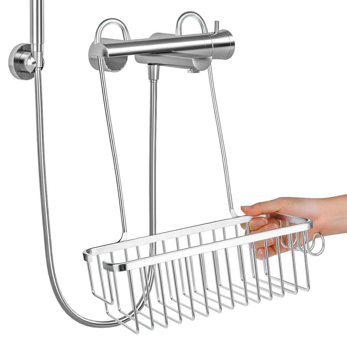 QWORK? Hanging Shower Caddy 12x4.7 Inch, No-Drill Rustproof Aluminum Shower Organiser Shampoo Holder
