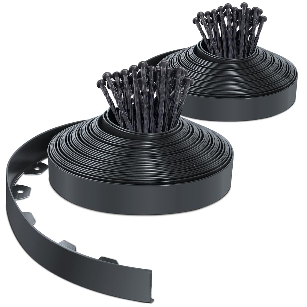 VOUNOT? 40m Flexible Lawn Garden Edging Border, Plastic Grass Path Edging with 80 Reinforced Securing Pegs, Height 5cm, Anthracite