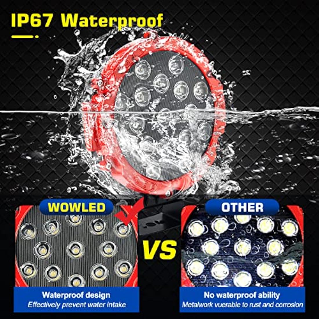 WOWLED Off Road Work Lights, 2 Pcs 7" 51W Round LED Driving Work Light Headlight, Red 7 Inch 4x4 Spot Lights 12V 24V Work Lamp for Offroad Driving SUV 4WD ATV Truck Tractor Boat Car