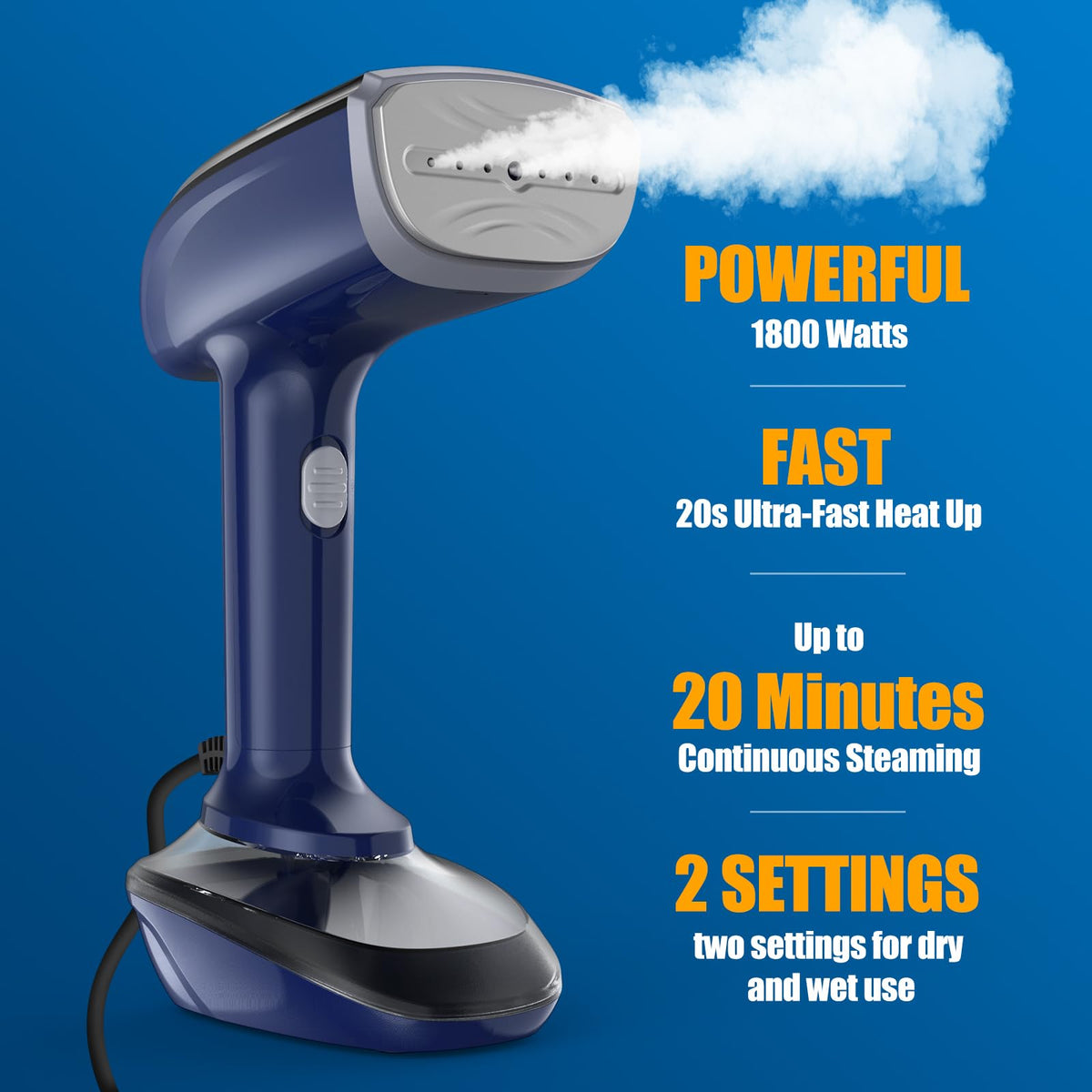 Powerful Handheld Fabric Steamer - 1800W with Fast Ceramic Heat-Up Plate, 2-in-1 Ironing & Wrinkle Remover, Steam Nozzle, Lint Brush - Blue, 220V