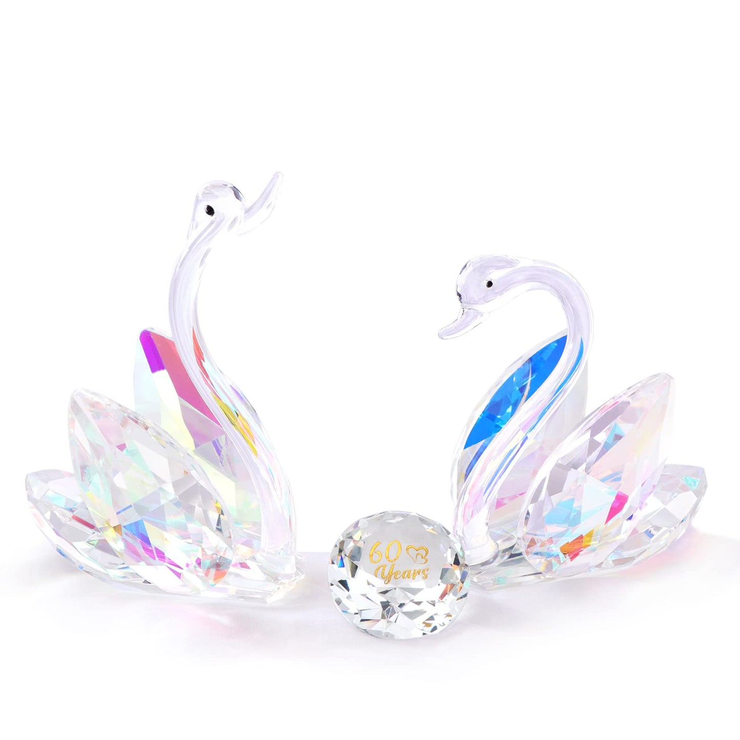 Set of 2 Crystal Colorful Swans 60th Wedding Anniversary Diamond Gifts for Couples, 60 Years Marriage Glass Figurines Collectibles 60th Anniversary