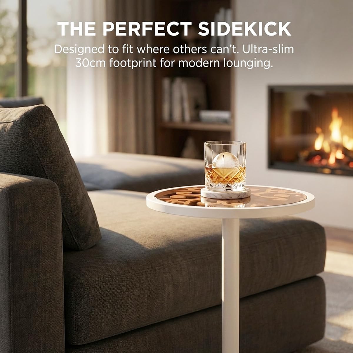 ZEXVIDA White Drink Table with Amber Glass Top, Indoor Outdoor Small Round Side Table, 24.7" Metal Pedestal End Table for Living Room, Patio, Sunroom
