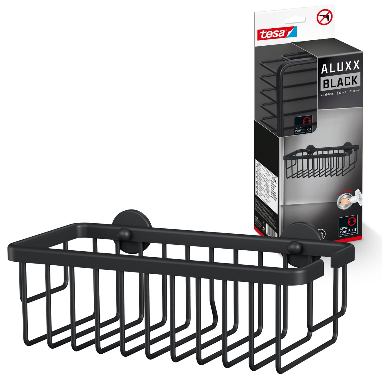 tesa ALUXX BLACK Wall Mounted Shower basket, Matt Black - extra deep for more room - Suits industrial style and modern bathrooms - Drill-free, with