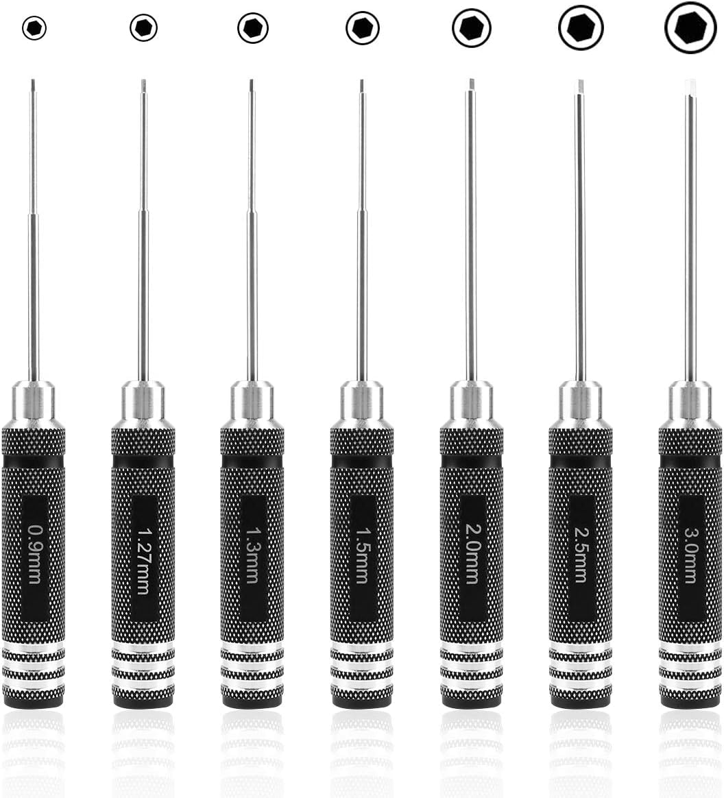 Gruiqrd 7pcs Hex Screwdriver, RC Screwdriver Tools Kit Set, Hex Driver Set (0.9mm 1.27mm 1.3mm 1.5mm 2.0mm 2.5mm 3.0mm) for RC Car Boat Quadcopter