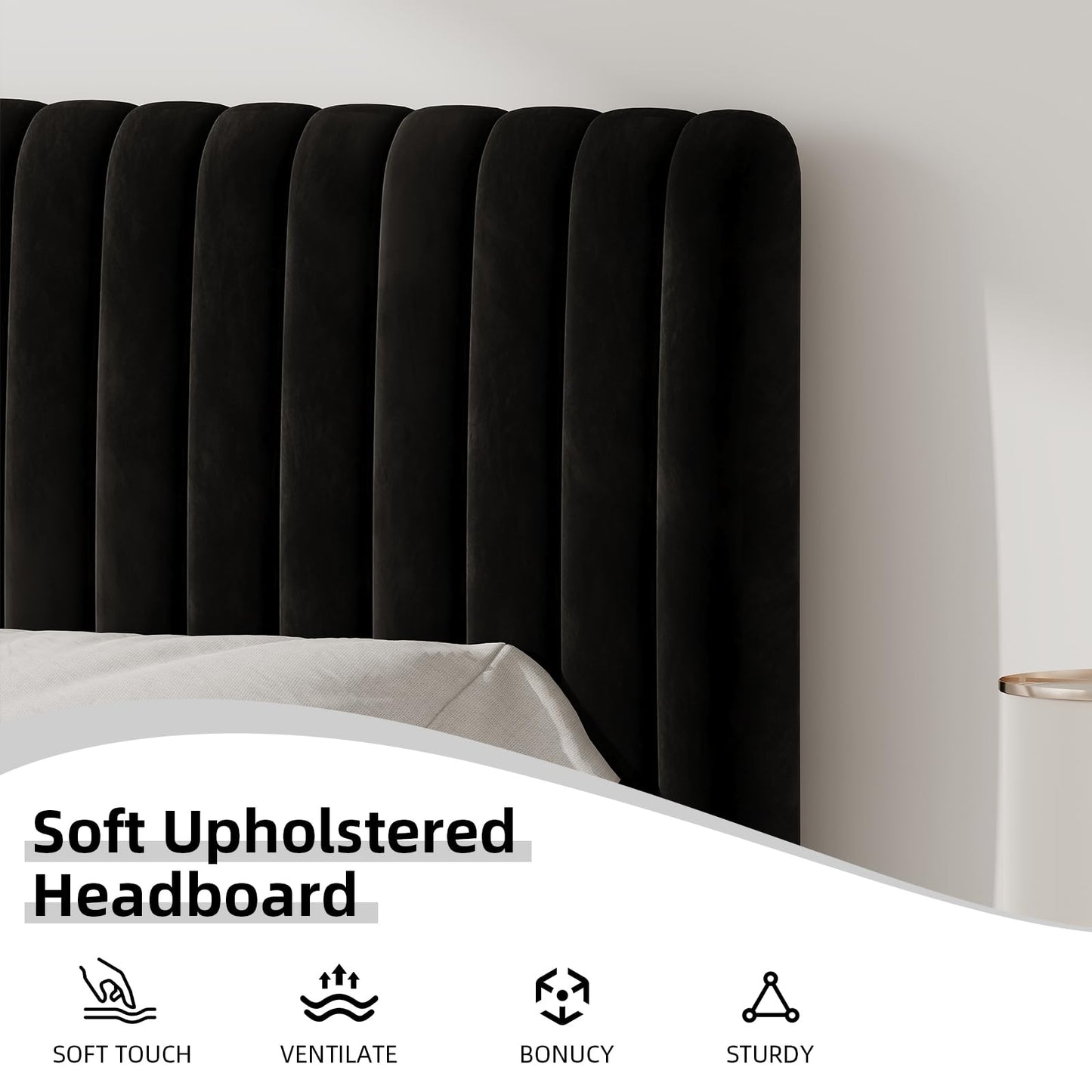 HOMBCK Single Bed Frame, 90 x 190 cm, Upholstered Bed with Velvet Headboard, Adjustable Height, Wooden Slat Support, No Box Spring Needed, Black