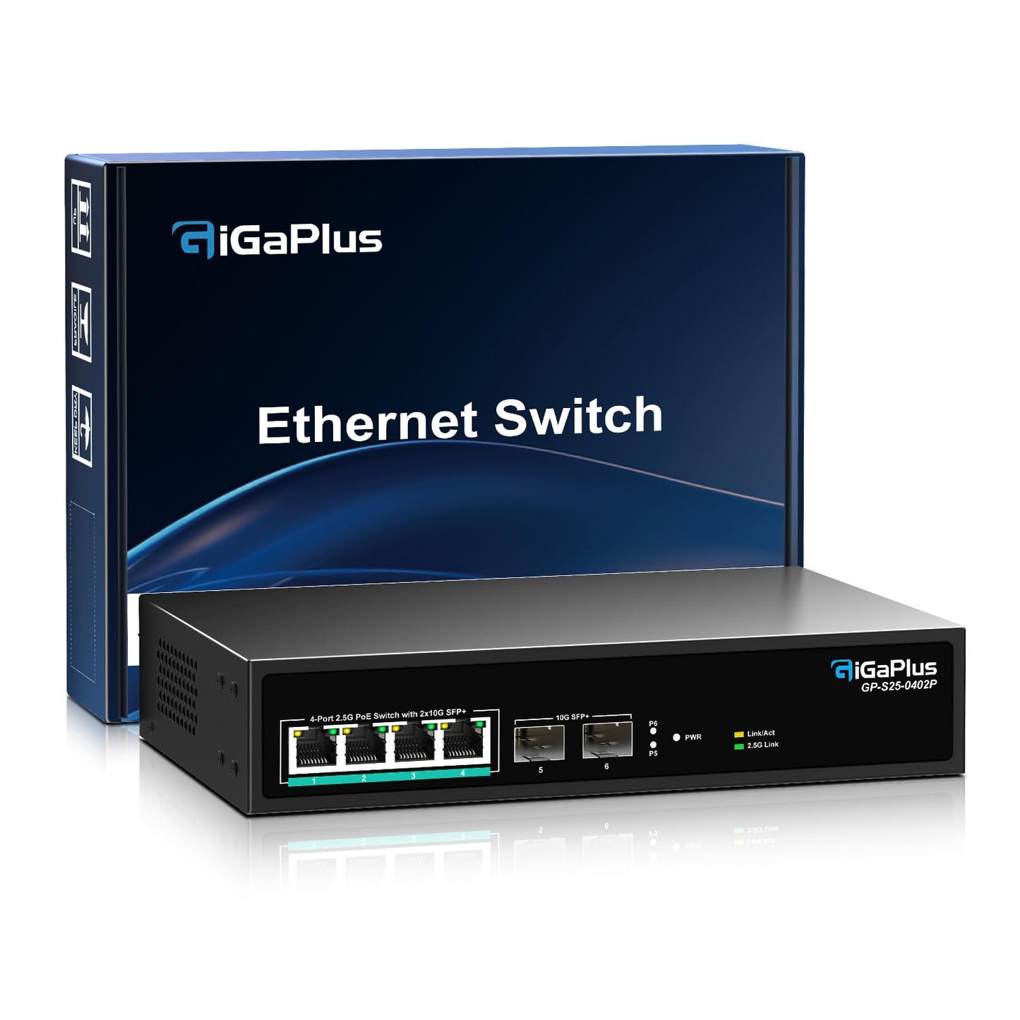6 Port 2.5Gb Unmanaged PoE Switch with 4*2.5G Base-T PoE Ports, 2*10G SFP+ Uplink, 802.3af/at (PoE+), 60Gbps Switching Capacity, GigaPlus 2.5G PoE