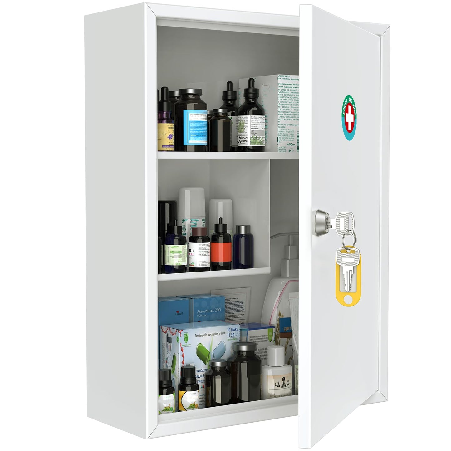 Uniclife Wall Mount Medicine Cabinet with Key Lock, Locking First Aid Cabinet, Lockable Medical Cabinet, Large Capacity Medicine Organizer, Secure