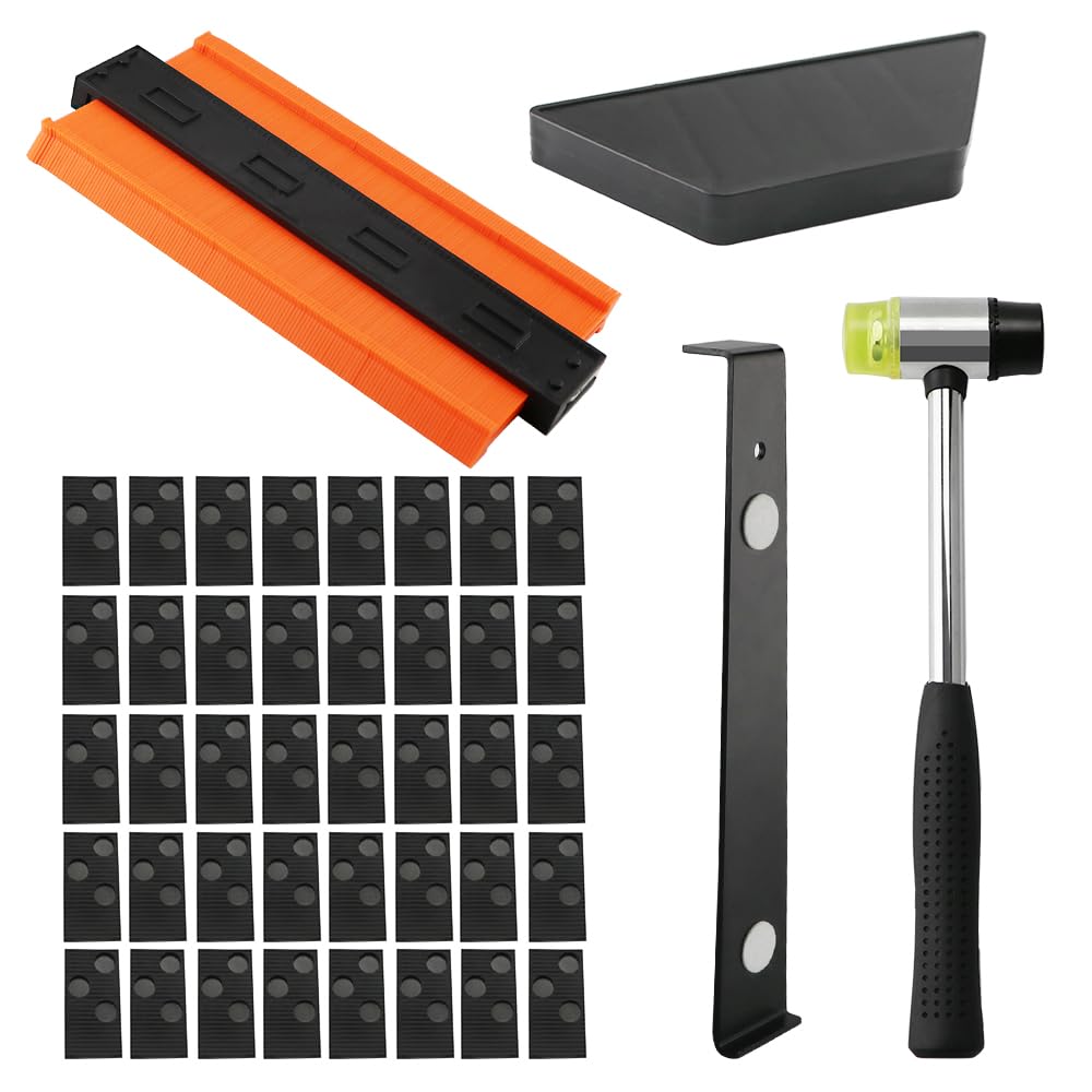 Laminate Flooring Installation Kit and Contour Gauge Profile Tool with Lock, with 40 Spacers, Double Headed Mallet, Tapping Block & Pull Bar, for