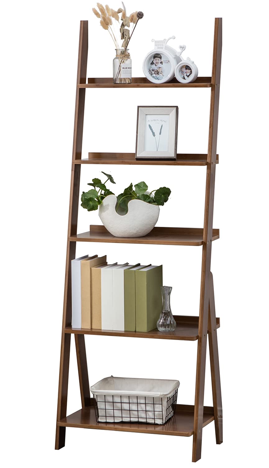 SOBIBO Bamboo Ladder Shelf, 5-Tier Storage Rack，Bookshelf, Free Standing Organizer Storage Shelves Flower Plant Stand Rack Brown