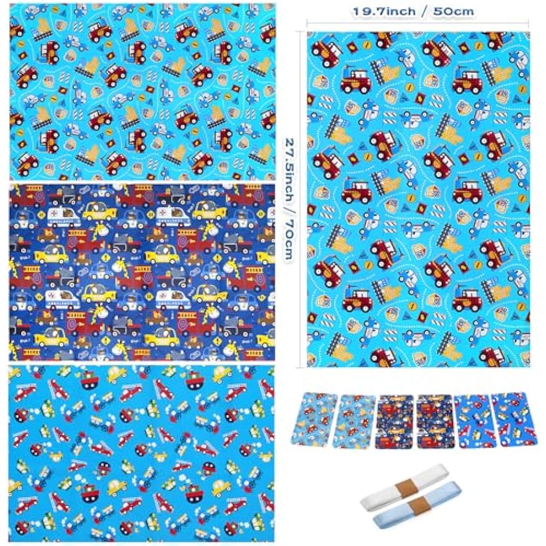Kids Boys Birthday Gift Wrap Set - Police Car Fire Trucks Crane Ambulance Giraffe Elephant Gift Wrapping Paper Sheets, Tag Ribbion