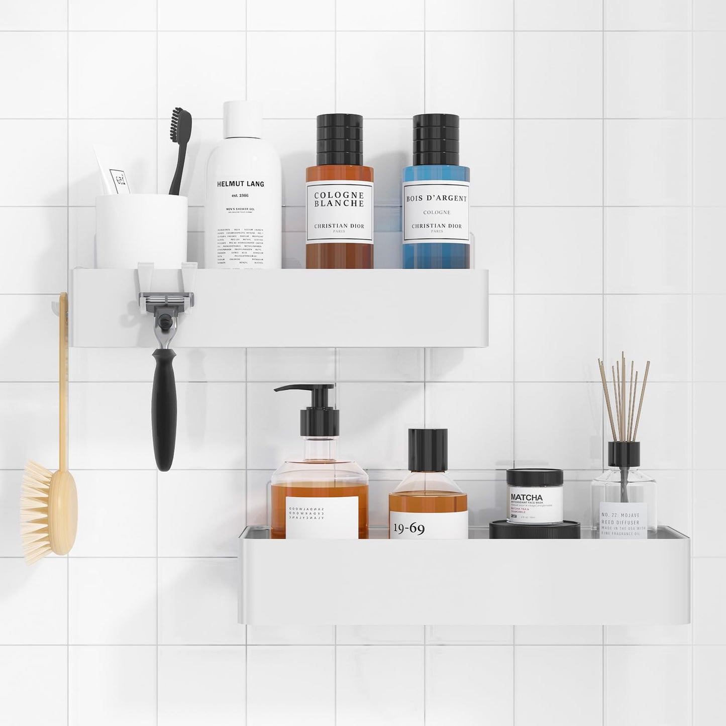 Kitsure 2 Pack Rustproof Shower Caddy - 2 Shelves, Drill-Free & Quick-Dry Shower Organizer, Rustproof Bathroom Shelves with 4 Hooks, Large, White