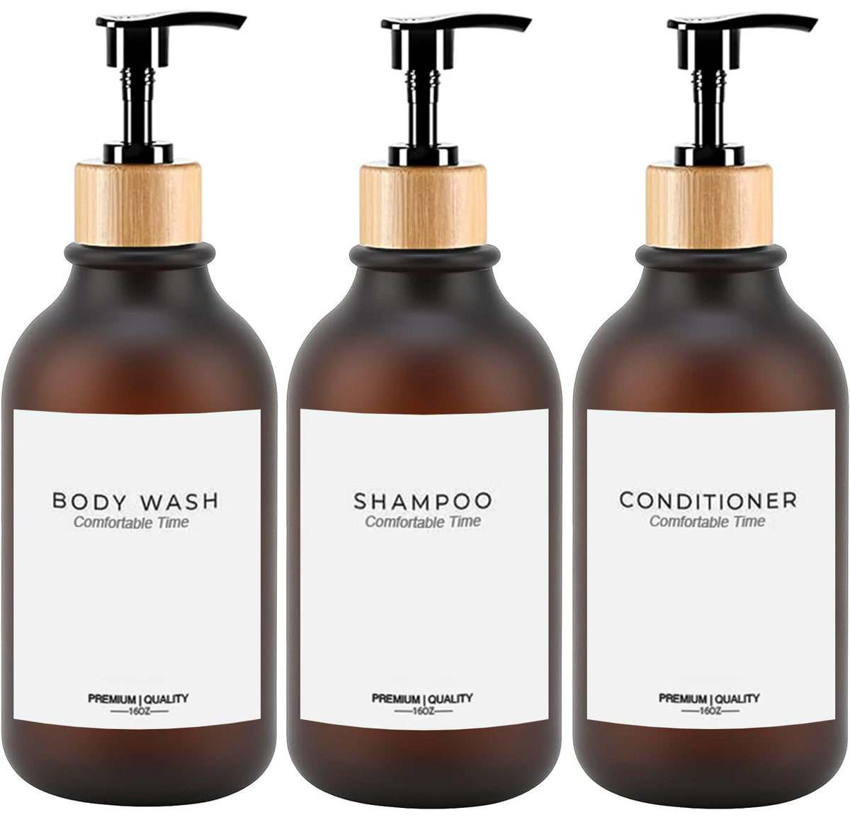 Frosted Heavy Duty Shampoo and Conditioner Bottles, Apothecary Dispenser Bamboo Pump, Refillable Shampoo Bottles for Shampoo Lotion Oil Shower Soap