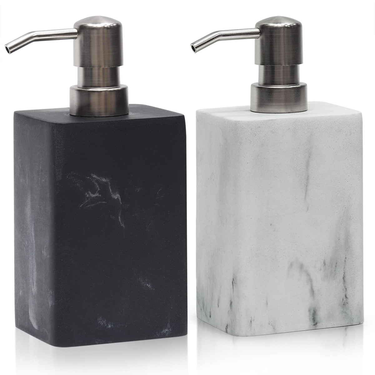 Suanti Bathroom Soap Dispenser Set 2Pcs White&Black Marble Style With Rust-Free Silver Pump,Decorative Resin Liquid Pump Bottle for Hand Soap Lotion