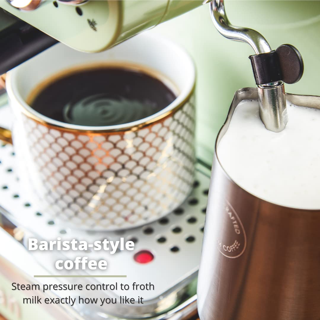 Swan SK22110GN Retro Espresso Coffee Machine with Milk Frother, Steam Pressure Control, 1.2L Detachable Water Tank, 1100W, Retro Green