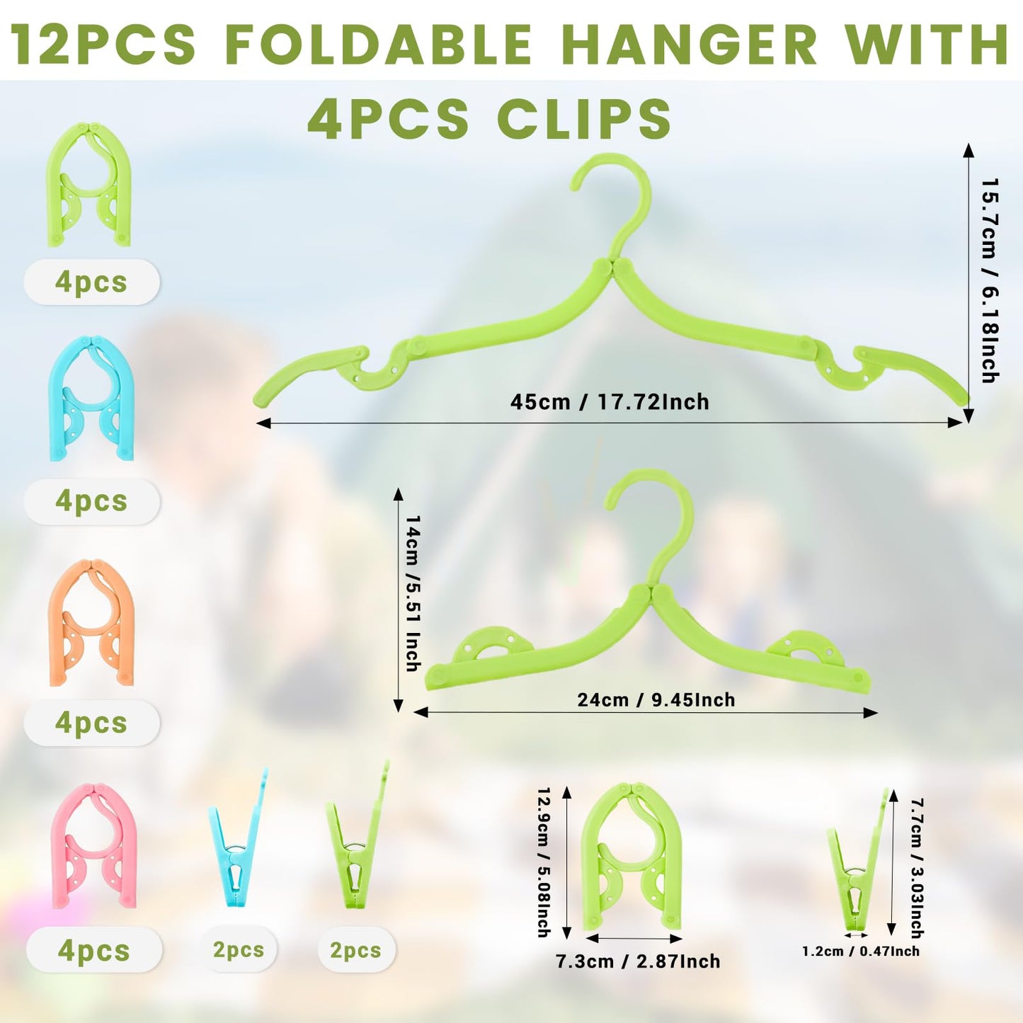GOWTX 12 Pack Foldable Travel Hangers, Anti-Slip Coat Hanger with 4 Clips