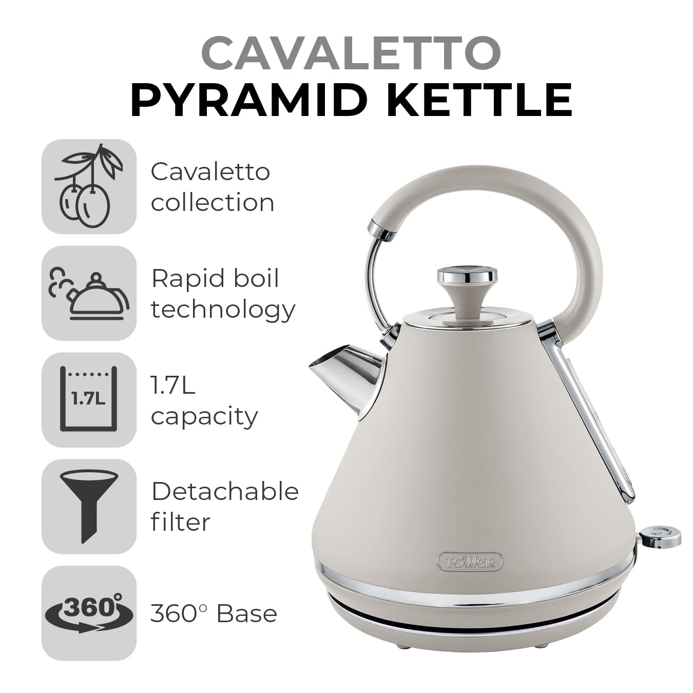 Tower T10044MSH Cavaletto Pyramid Kettle with Fast Boil, Detachable Filter, 1.7L, 3000 W, Latte and Chrome Accents