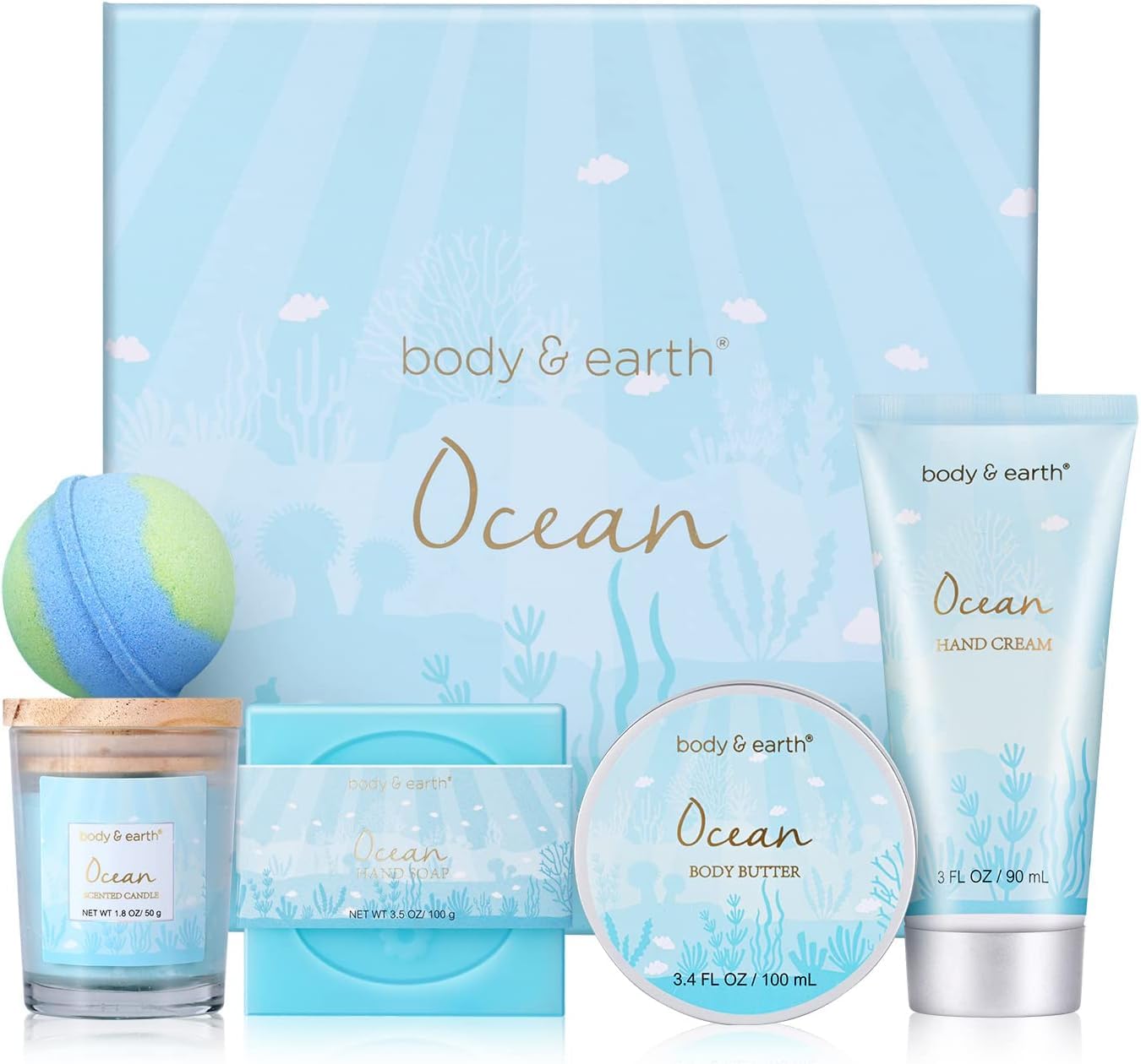 BODY & EARTH Pamper Gifts for Women, 5 Pcs Ocean Bath Spa Gift Set Includes Scented Candle, Body Butter, Gift for Mum Birthday Gift Sets Christmas