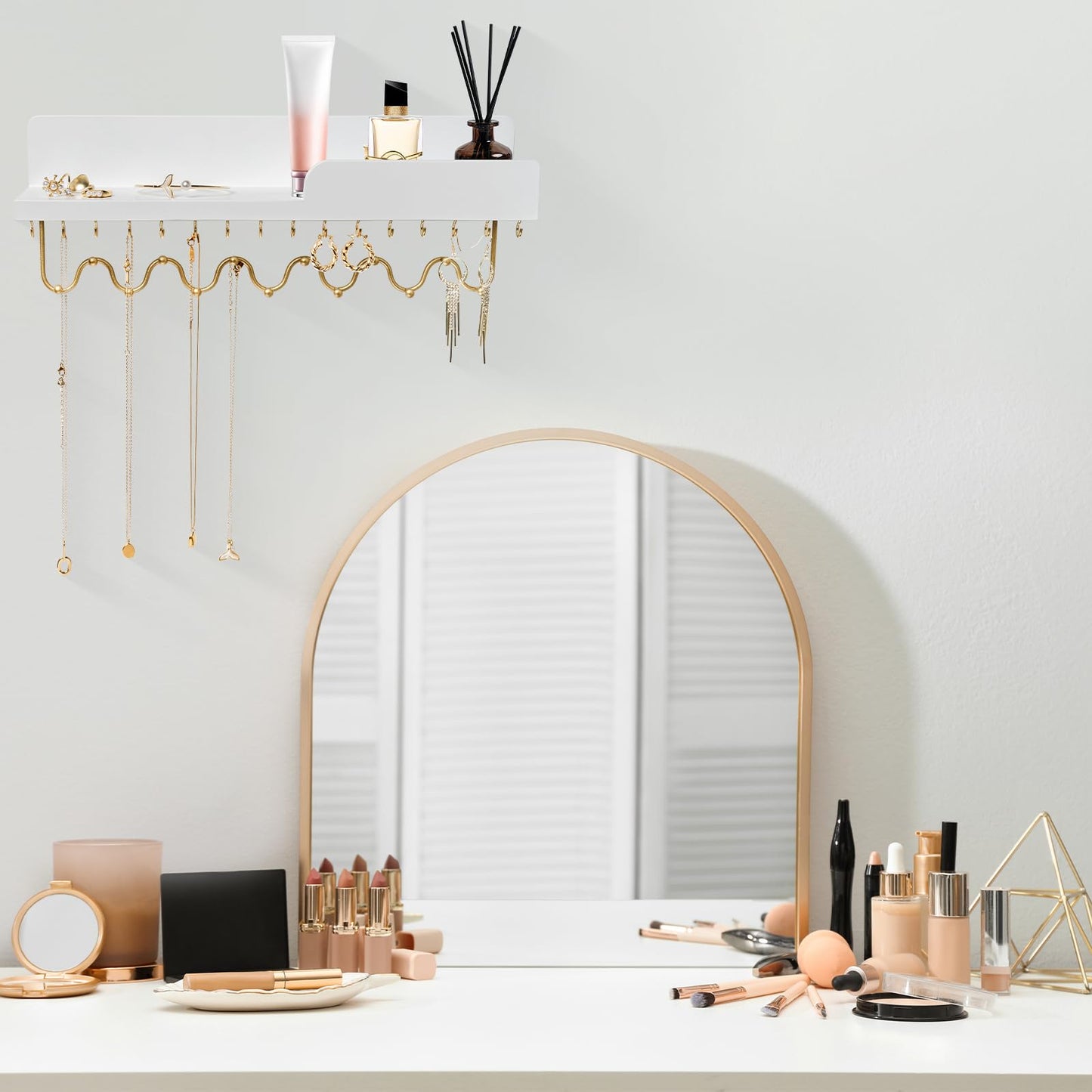 Lampaggio 29 Hooks Wall Mount Necklace Holder Organizer, White Decorative Wood Jewelry Shelf with Gold Metal Wave Bar and Guardrail for Necklace