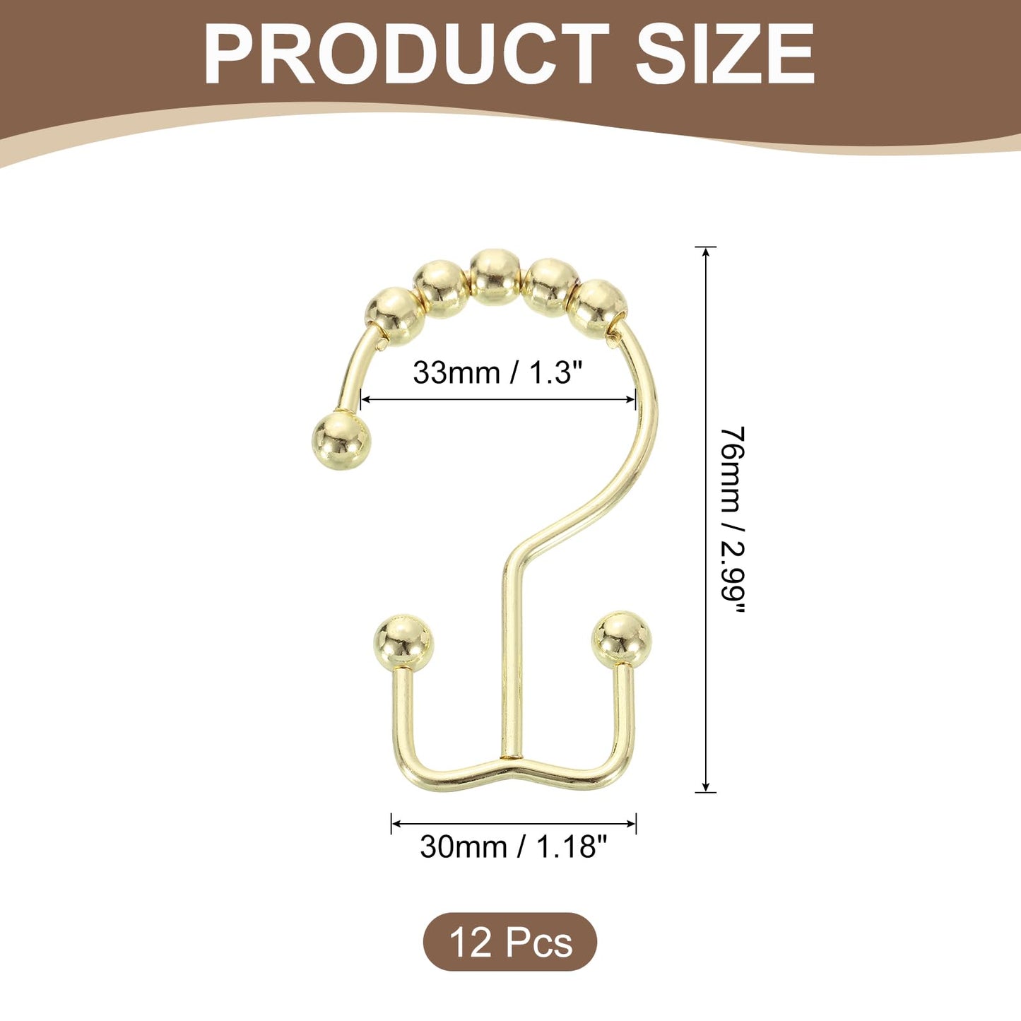 sourcing map 12Pcs Shower Curtain Hooks, Metal Double Glide Shower Rings, Curtain Rolling Shower Hooks for Rust-Resistant Sliding Smoothly, Gold