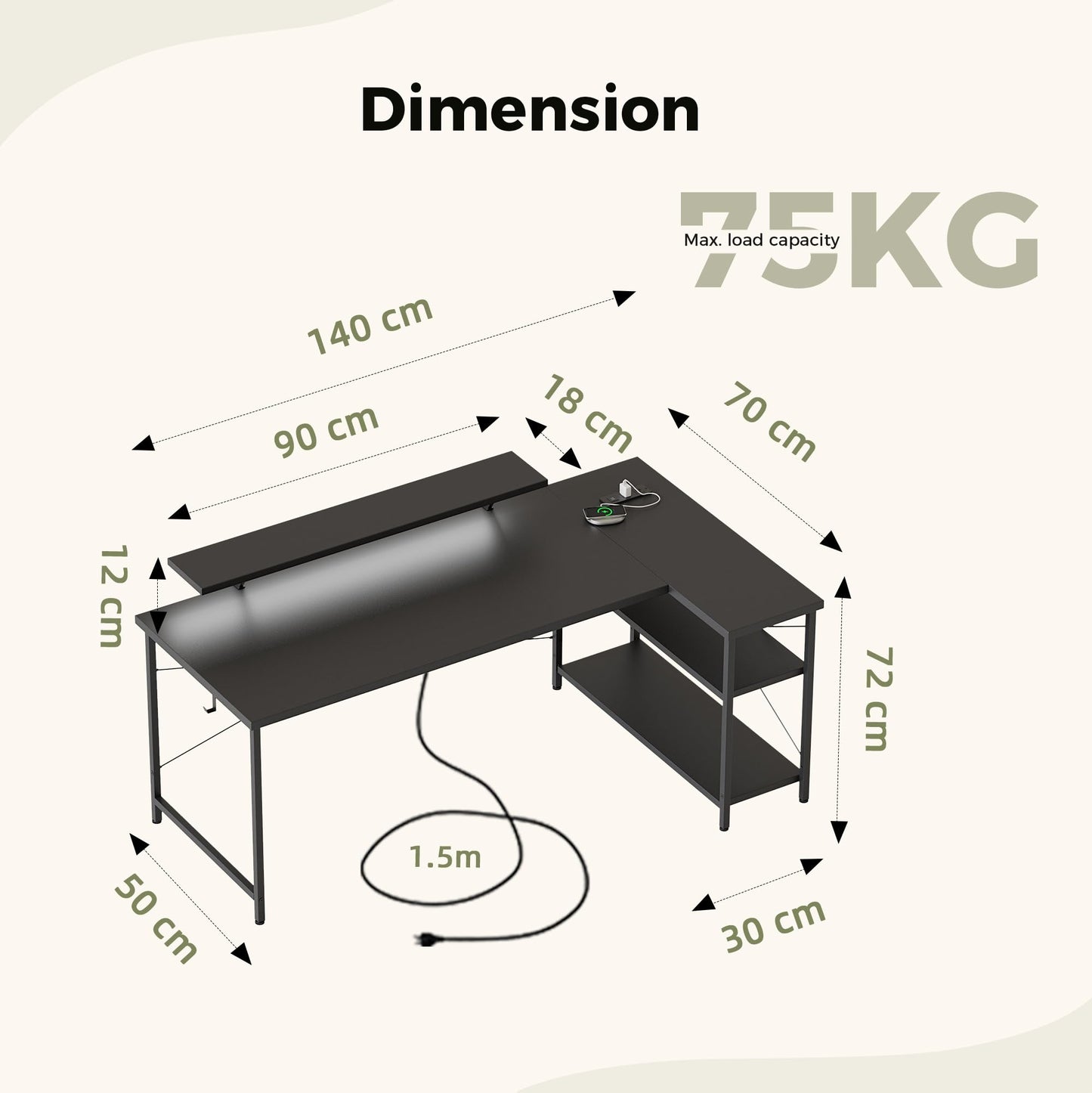 Mericonia Reversible Corner Desk, w. Led & Power Outlets, 140x70cm, Black