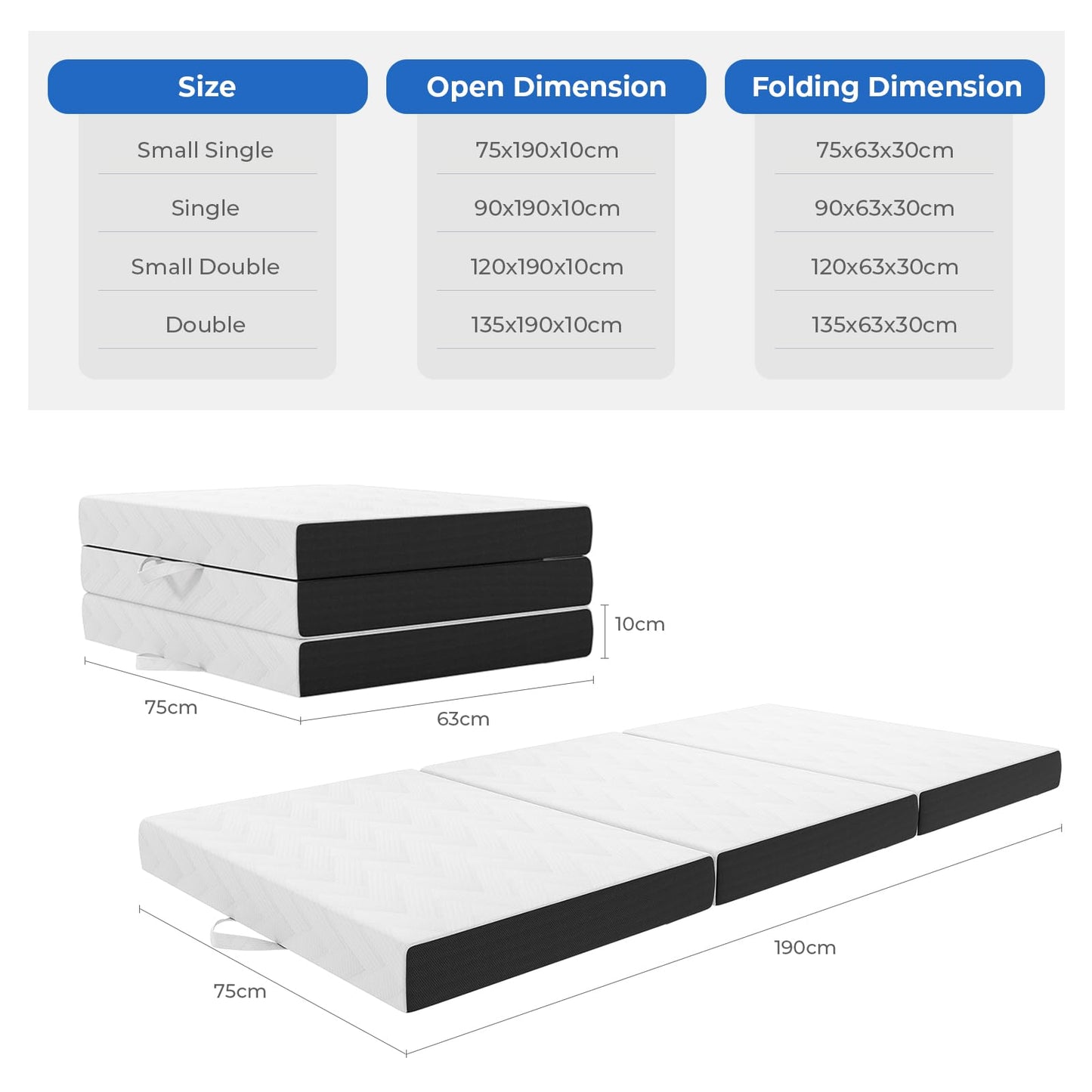 Vesgantti Folding Mattress Small Single, 10CM Gel Memory Foam Foldable Mattress Tri-fold for Travel, Camping, Guest Bed - 100-Night Trial, CertiPUR-US