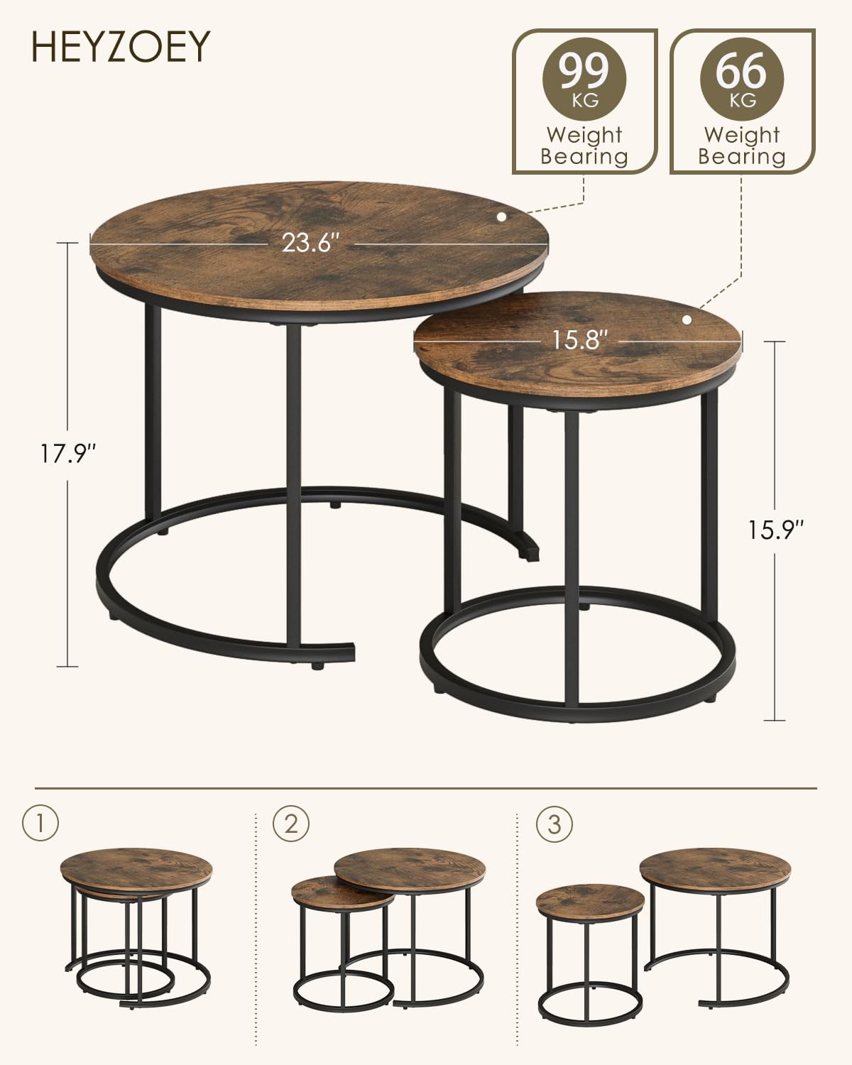 HEYZOEY Round Coffee Tables, Removable Set of 2 End Table, Nesting Tables with Black Metal Frame Legs and Marble Black Top for Living Room, Bedroom