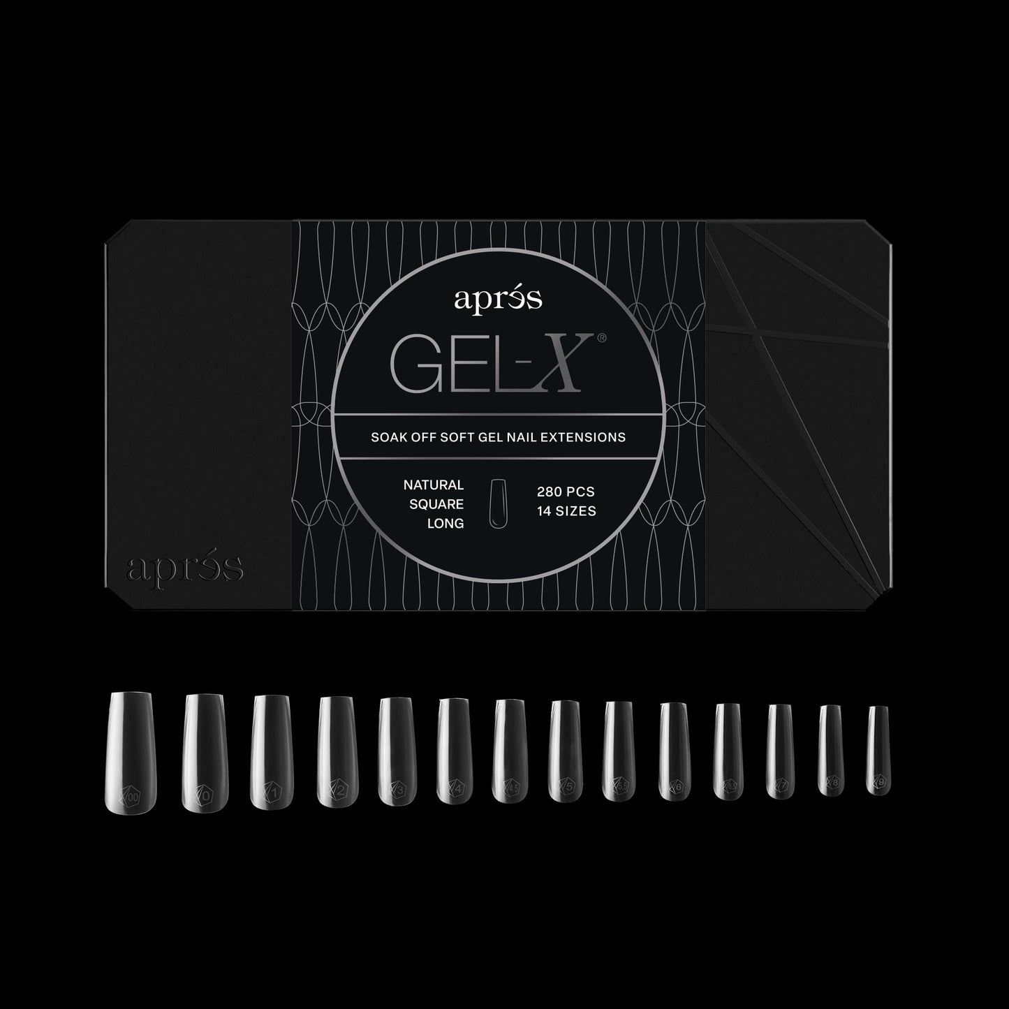Apres Gel-X? Square Box of Nail Tips | 280 Soft Gel Tips, 14 Sizes 00-9 | Half-sizes Included (Natural Square Long, 280 Count)