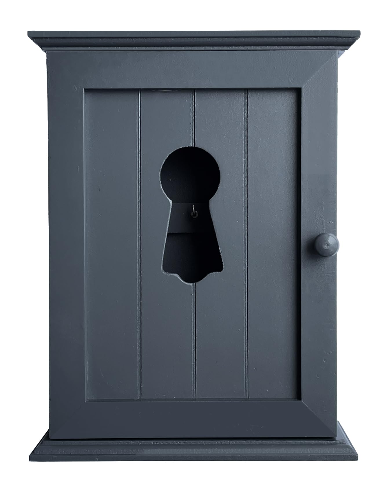 GreyZouq Wooden Key Cabinet Wall Mounted, Keyhole Window Design, Key Holder for Wall with 6 Hooks, Decorative Key Organiser, Magnetic Door Closure