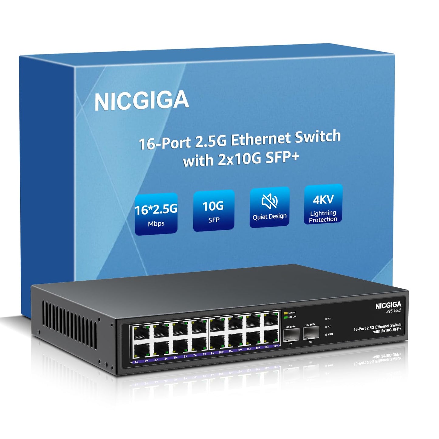 16 Port 2.5G + 2 Port 10G SFP+ Ethernet Switch, NICGIGA 18 Port 2.5Gb Network Switch Unmanaged, Plug & Play, Desktop or 19-inch Rack Mount, Fanless